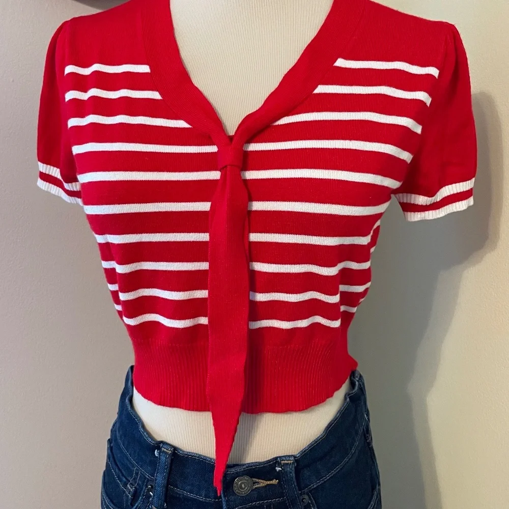 Red and White Striped Women's Top - Picture 1 of 7